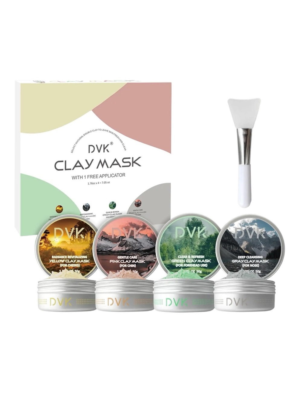 DVK 4 Color Clay Mask Set Spa Facial Gift Set w/ Applicator NIB 7.05 oz